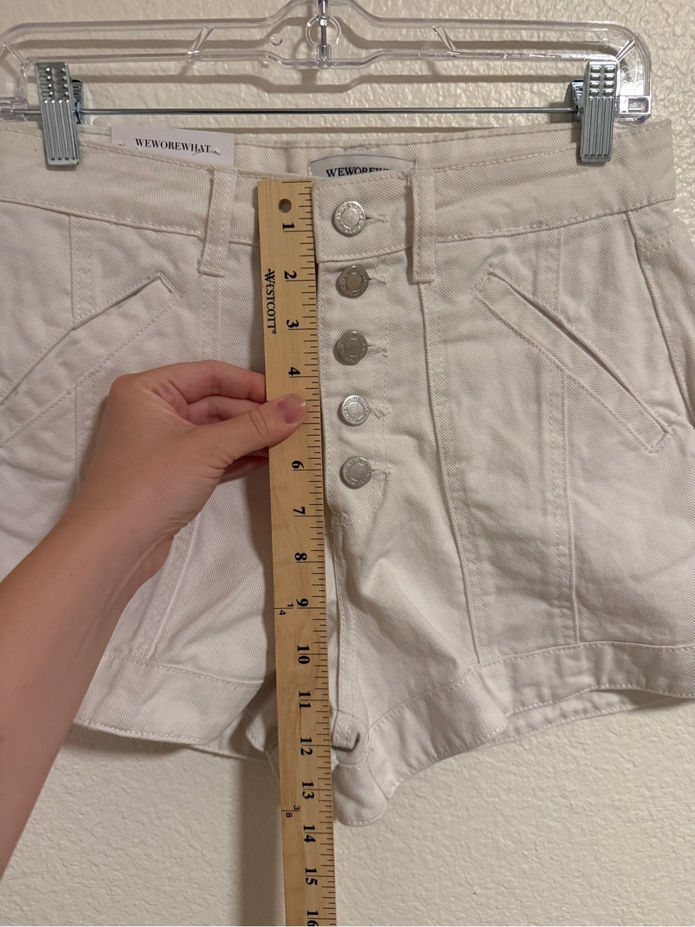 High-Waist White Denim Shorts WeWoreWhat with Button Front - Picture 12 of 14